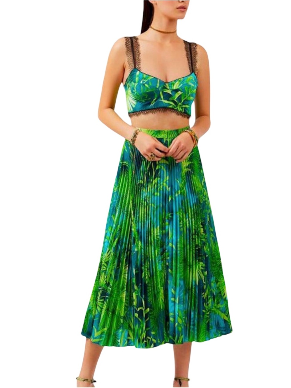 Summer Two Piece Crop Too Pleated Skirt Set Women Boho Beach Small NWT